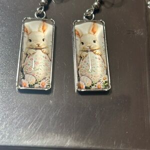 Rabbit Bunny Pendant Earrings in Cream and Pink - Unbranded